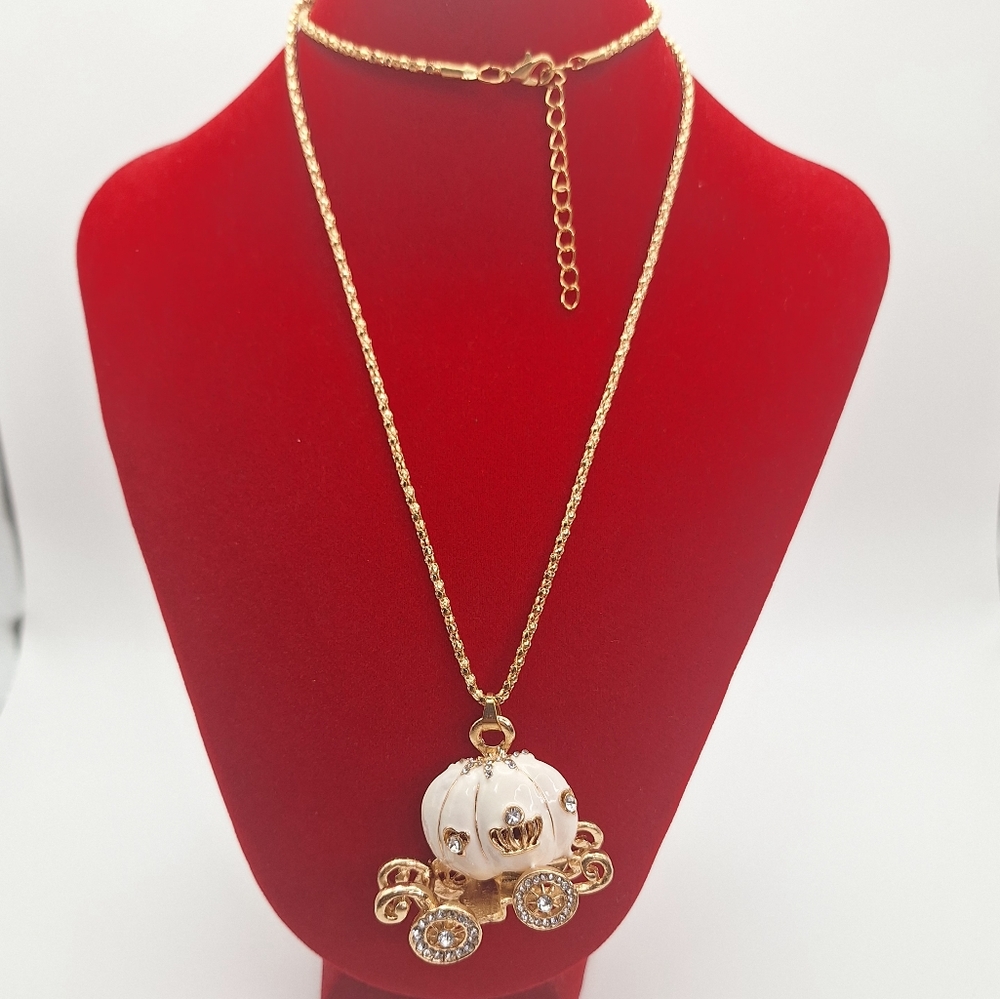Pumpkin Carriage Gold Tone White Enamel Rhinestone Necklace 26-28" Lobster Clasp